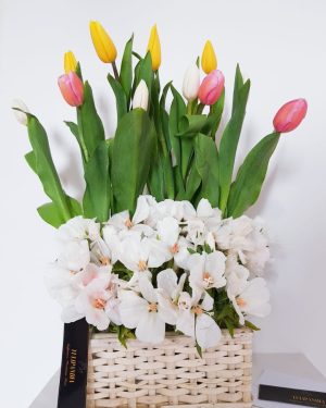 Arreglo de tulipanes en base de canasta