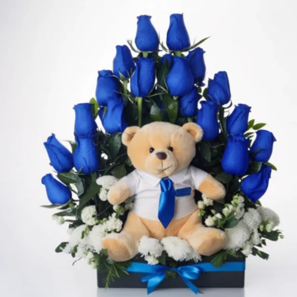 ARREGLO DE ROSAS AZULES MÁS OSITO