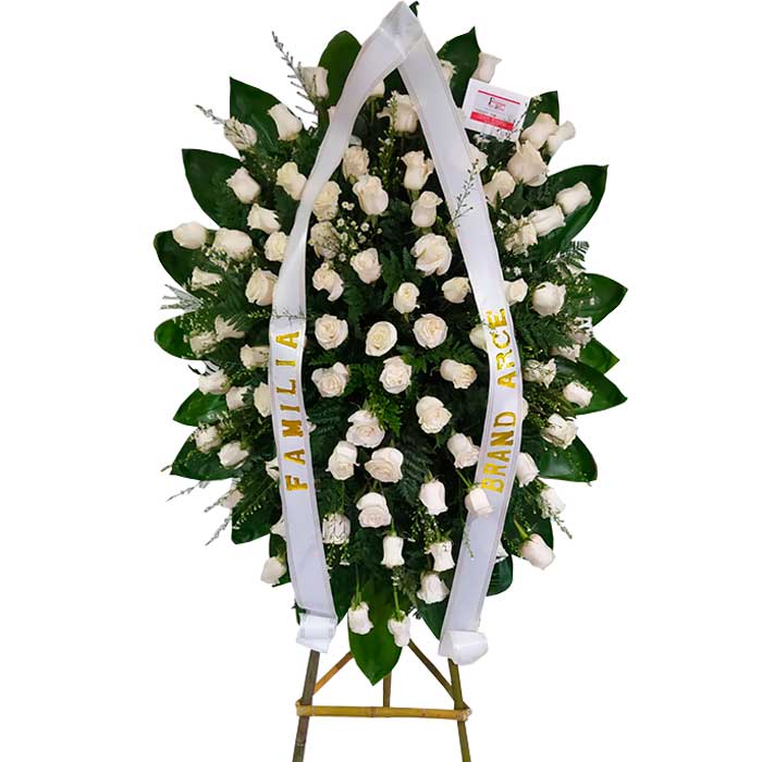 Corona Funebre Blanca Cinta en V Arreglos Funebres Cali Arreglos florales para difuntos CONDOLENCIAS 🕊️