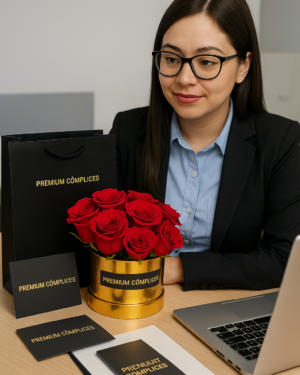 BOX DORADO PREMIUM CON 12 ROSAS PARA ESCRITORIO